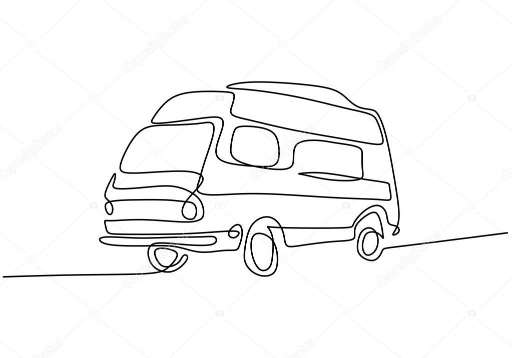 Camper continuous line drawing. A camping car for traveling isolated on white background. The concept of moving in a motorhome, family camping, camping, caravan. vector illustration