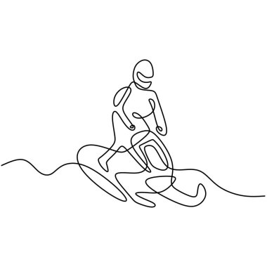 Beyaz arka planda izole edilmiş taze karda kar motosikletine binen kesintisiz çizgili adam. Kar arabası süren genç bir erkek. Aşırı kış sporu konsepti. Minimalist tarzda. Vektör illüstrasyonu