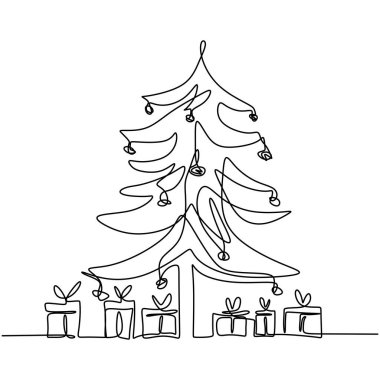 Christmas tree and gift box continuous one line drawing. Christmas pine fir tree decoration for celebration christmas party isolated on white background. Merry Christmas and Happy New Year theme vector Christmas tree and gift box continuous one line drawing. Christmas pine fir tree decoration for celebration christmas party isolated on white background. Merry Christmas and Happy New Year theme vector