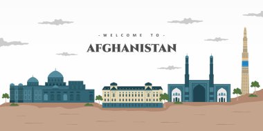 Afganistan 'ın güzel bir manzarası ve ünlü bir simgesi var. Turist tatili için inanılmaz bir mimari yapı. Turizm sunumu, afiş, pankart veya İnternet için vektör illüstrasyonu