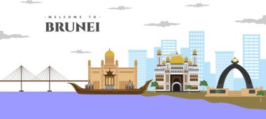Brunei mimarisinin muhteşem şehir manzarası gökyüzü binaları. Brunei renkli kartpostalına hoş geldiniz. Dünya ülkeleri tatil seyahatleri Asya 'yı gezme koleksiyonu.