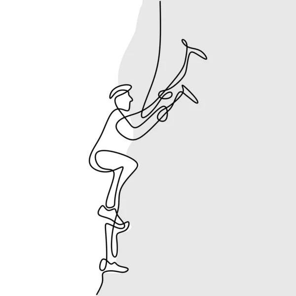 Непрерывный Однолинейный Рисунок Самца Альпиниста Поднимающегося Снежному Склону Топорами Против — стоковый вектор