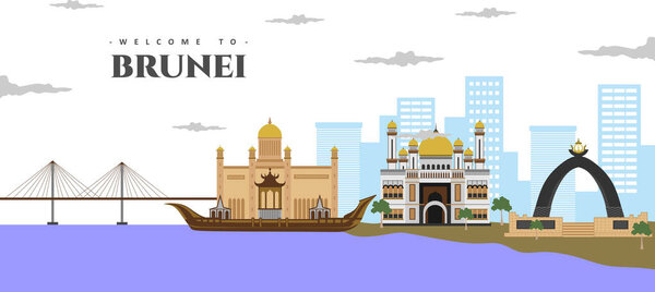 Amazing city landscape view of Brunei architecture skyline buildings landmark. Welcome to Brunei colorful postcard. World countries cities vacation travel sightseeing Asia collection.