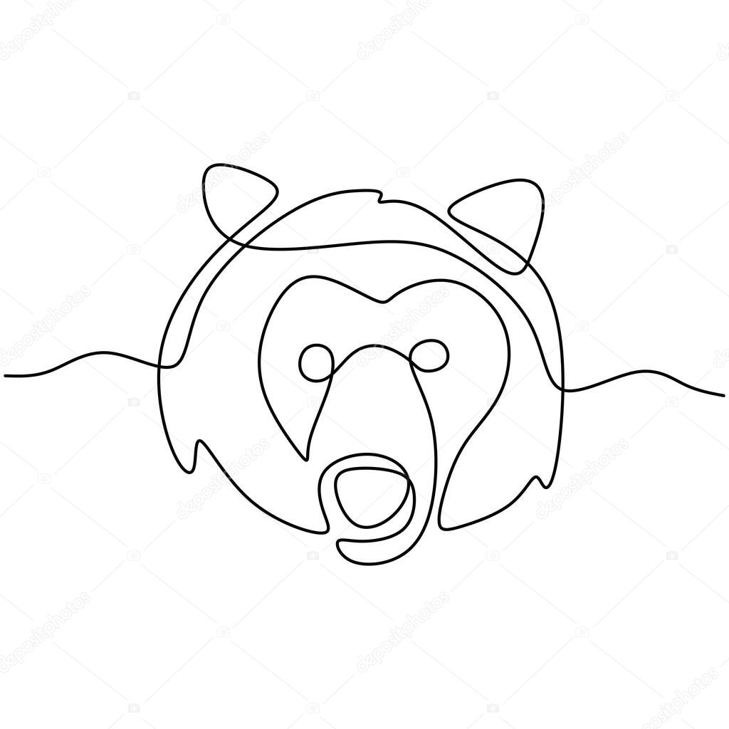 Bear's head continuous one line drawing. Danger big animal with angry expression isolated on white background. Fury bear head, snarling bear. Wild animal concept. Vector illustration