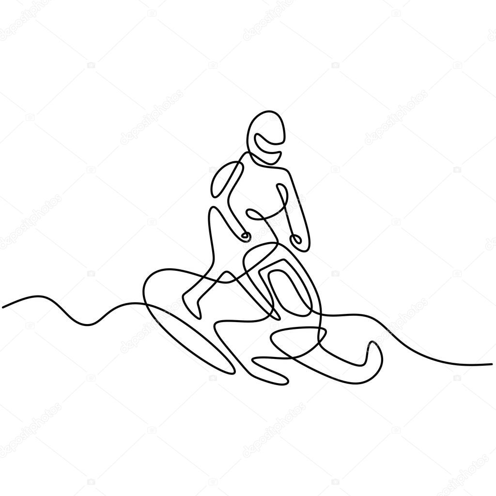 Continuous single drawn line man on a snowmobile in fresh snow isolated on white background. Young male driving snowmobile. Extreme winter sport concept. Minimalist style. Vector illustration