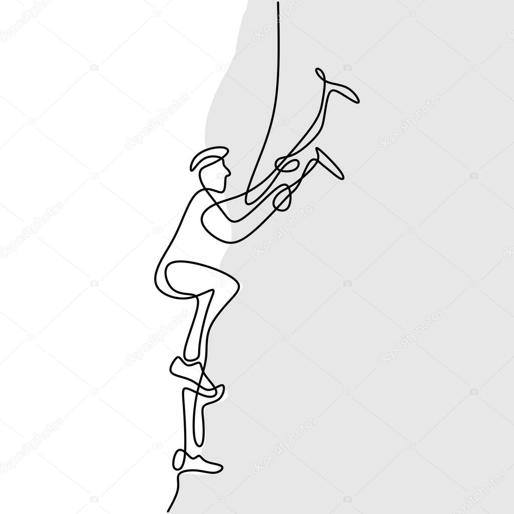 Continuous one line drawing of a male mountain climber going up snowy slope with axes against clouds isolated on white background. Extreme winter sport concept. Mountain climber. Minimalism design