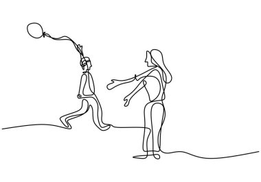 Sürekli, elinde balon tutan genç anne ve çocuğunun çizimleri. Karnaval festivalinde bembeyaz arka planda çocukla güzel bir anne. Vektör tasarımı illüstrasyonu