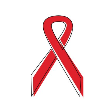 Sürekli bir sıra rozet kurdelesi. Beyaz arka planda izole edilmiş HIV yardımlarını destekleyin ve önleyin. 1 Aralık 'ta Dünya HIV AIDS Günü. Kırmızı kurdele konsepti Minimum tasarım vektörü çizimi