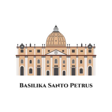 Vatikan, Roma 'daki Aziz Peter Bazilikası, İtalya düz tasarım vektör çizimi. Rönesans tarzında inşa edilmiş bir kilise. Harika Roma manzarası olan harika bir yer. Seyahat turizmi
