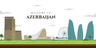 Azerbaycan 'ın ünlü bina simgesine sahip şehir manzarası. Azerbaycan 'a hoş geldiniz. Dünya seyahati Asya koleksiyonu. Çizgi film stili web sitesi vektör çizimi