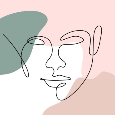 Soyut adam bir çizgi çiziyor. Portre minimalist stil. Devamlı bir çizgi. Soyut bir yüz çizen minimalizm poster sanatı.