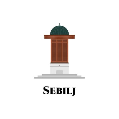Bosna-Hersek 'teki Sebilj. Tarihi ulusal yapı simgesi. Görmek için güzel bir yer. Uçan güvercinlerle geçirdiğin tatil harika olur. Vektör düz resimleme