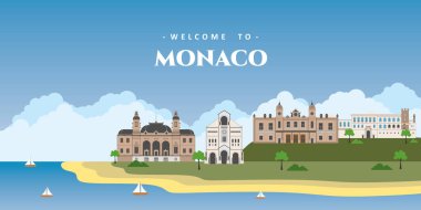 Monako 'nun panoramik manzarası mimari yapı simgeleriyle. Monako kartpostalına hoş geldiniz. Seyahat ve safari konsepti. Avrupa seyahatleri tatil vektör illüstrasyonları