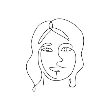 Minimalizm poster sanatı ve soyut bir yüz çizimi. Soyut Kadın tek bir çizgi çiziyor. Portre minimalist stil. Beyaz arkaplanda sürekli çizgi izole edildi.