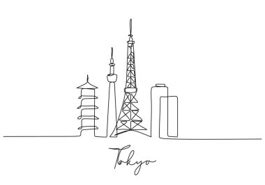 Tokyo şehrinin silueti tek sıra halinde. Basit modern minimalist stil. Tokyo şehrinin silueti, Japonya 'nın kesintisiz tek çizgi çizimi. Ünlü şehir kazıyıcı ve peyzaj.