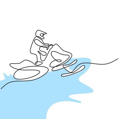 Beyaz arka planda izole edilmiş taze karda kar motosikletine binen kesintisiz çizgili adam. Kar arabası süren genç bir erkek. Aşırı kış sporu konsepti. Minimalist tarzda. Vektör illüstrasyonu