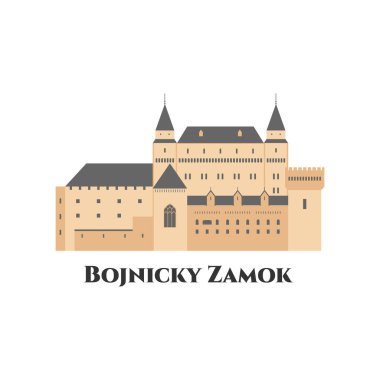 Slovakya 'daki Bojnice Kalesi. Bojnice, Slovakya 'da bir ortaçağ kalesi. Orijinal gotik bir şatosu olan bir Roma şatosu. Düz çizgi film stili tarihi manzara şovu cazibesi. Vektör illüstrasyonu