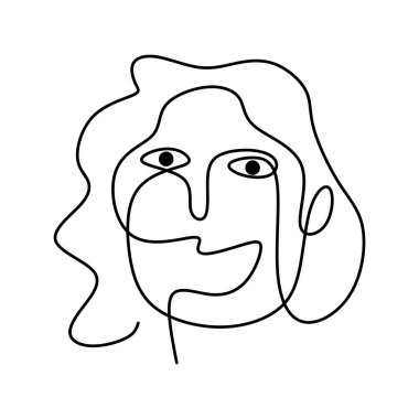 Asgari kadın yüzlü, mutlu ifadeli, soyut bir poster beyaz arka plana izole edilmiş bir çizgi. Soyut bir yüz çizen minimalizm poster sanatı.