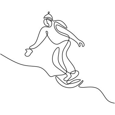 Profesyonel snowboardcu adamın karlı dağda süratli snowboard sürüşü. Ekstrem spor kış konsepti. Minimalizm tasarımı. Vektör çizimi çizimi