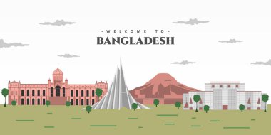 Bangladeş kartpostalına hoş geldiniz. Güzel manzara manzarası ve ünlü bina simgesi. Seyahat ve safari konsepti Asya. Dünyanın her yerinde. Vektör illüstrasyonu