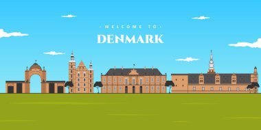 Danimarka panoramik manzara. Kopenhag, Danimarka 'da gökyüzü. Dünya seyahati Avrupa koleksiyonu. Danimarka 'nın ünlü simgelerinin resimli koleksiyonu