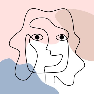 Asgari erkek yüzlü, mutlu ifadeli, soyut bir poster, bir çizgi çizimi. Soyut bir yüz çizen minimalizm poster sanatı.