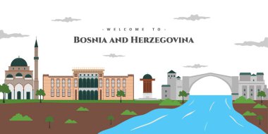 Bosna-Hersek ülke tasarım şablonu harika tarihi yapılara sahip. Eski şehrin güzel manzara manzarası. Dünya seyahati Avrupa gezisi koleksiyonu.