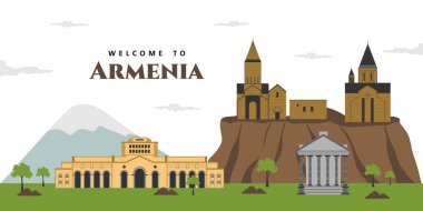 Ermenistan şehir manzarasının hava manzarası manzarası, arka planda Ararat Dağı 'nın bulunduğu tarihi binalar. Ziyaret etmen gereken güzel bir manzara. Turist tatili için en iyi yer.