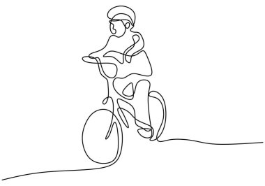 Sürekli tek çizgi çizen bir çocuk bisiklete biniyor. Kamu parkında bisiklete binen küçük çocuk beyaz arka planda izole edilmiş. Karakter mutlu çocukluk el çizimi resim silueti