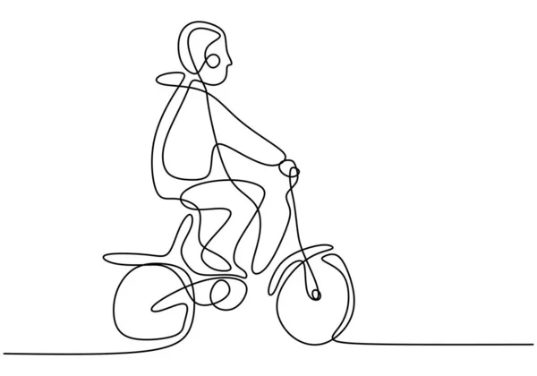 Criança Uma Linha Desenhada Única Contínua Uma Bicicleta Menino Montando — Vetor de Stock
