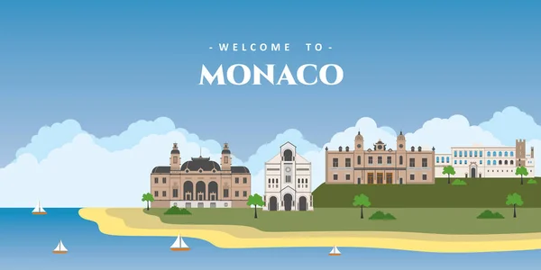 Panoramautsikt Över Monaco Med Arkitektoniska Byggnadsminnesmärken Välkommen Till Monaco Vykort — Stock vektor