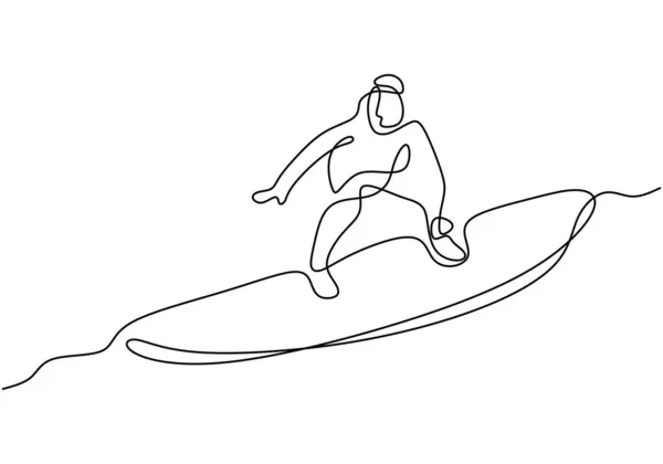 Una Línea Continua Dibujo Joven Hombre Enérgico Jugando Windsurf Océano — Vector de stock