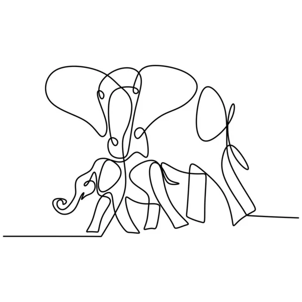 Una Línea Continua Dibujo Elefante Con Bebé Gran Elefante Animal — Vector de stock