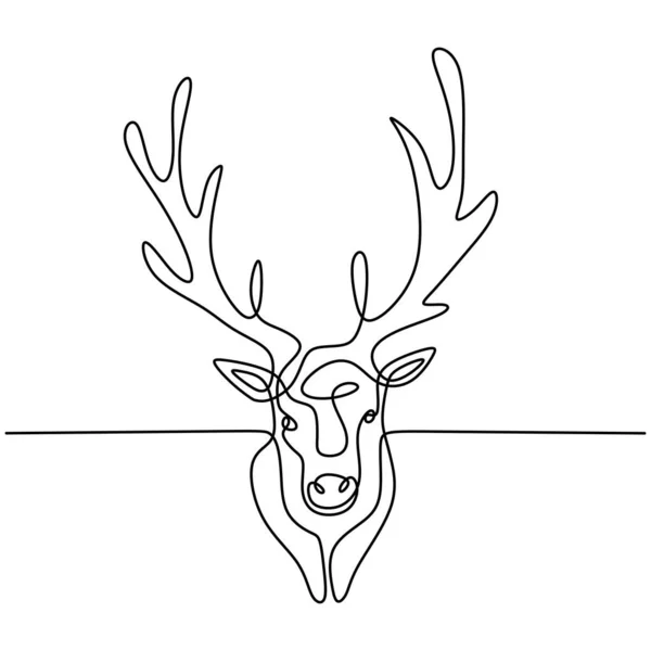 那只鹿驯鹿头颅连续绘制一条线 冬季动物吉祥物被白色背景隔离 圣诞动物符号手绘草图简约主义设计 矢量说明 — 图库矢量图片
