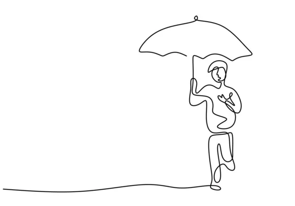 Continu Getrokken Een Lijn Van Kleine Jongen Met Paraplu Het — Stockvector