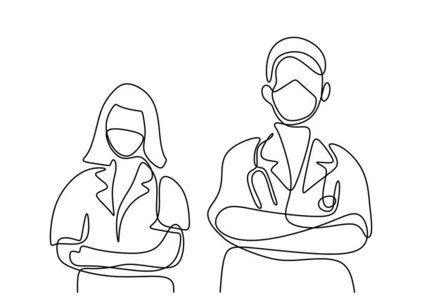 Enkelt Linje Tegning Lægen Sygeplejersken Iført Ansigtsmaske Udgør Stående Sætte – Stock-vektor