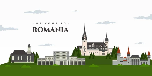 Panoramiczny Widok Rumunię Słynnymi Zabytkami Budynku Witamy Pocztówce Rumunii Niesamowite — Wektor stockowy