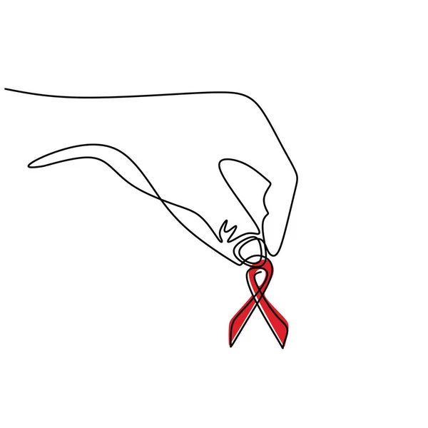 Een Lijn Tekening Van Hand Houden Rood Lint Symbool Voor — Stockvector