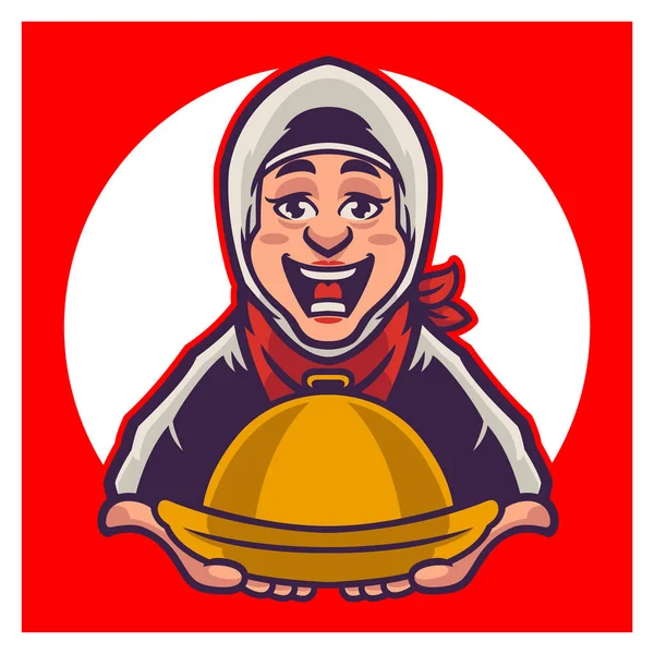 Vrouw Chef Kok Cartoon Logo Karakter Vrouw Moslim Chef Kok — Stockvector
