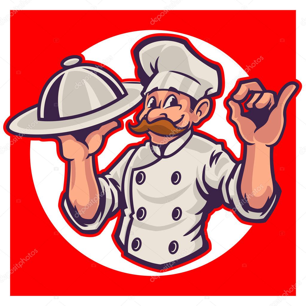 Chef mascot logo cartoon character. A funny cartoon with holding silver platter and giving a perfect okay delicious cook gesture. Happy professional chef theme. Vector logo illustration.