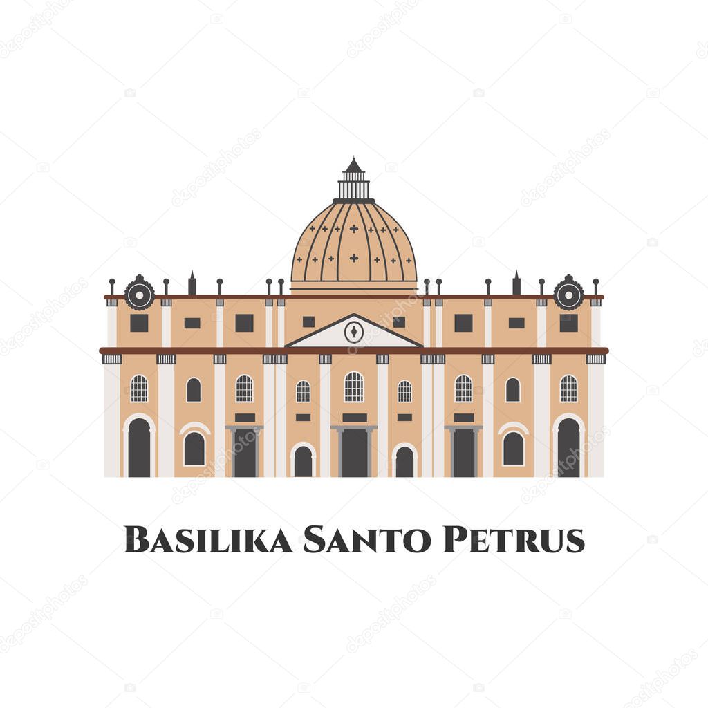 St. Peter's Basilica in Vatican, Rome, Italy flat design vector illustration. It is a church built in the Renaissance style. This a awesome place with amazing views of Rome. Travel tourist vacation
