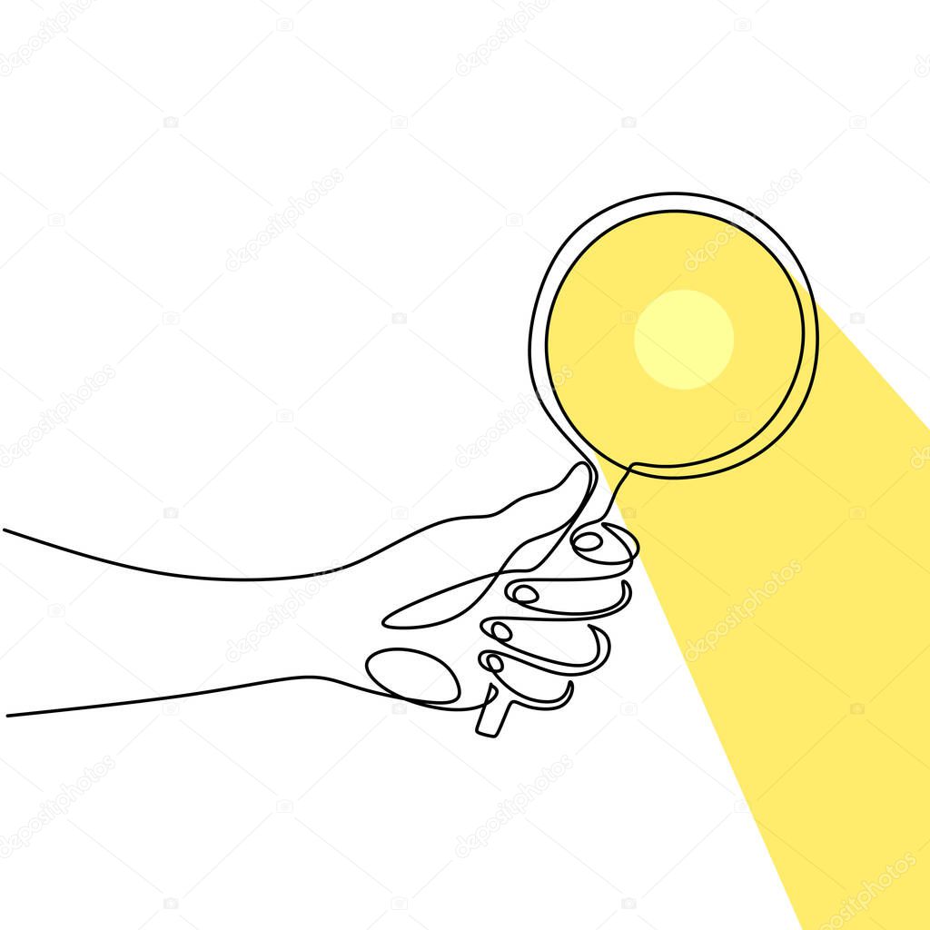 Hand holding magnifying glass one line drawing vector illustration continuous single hand drawn. Magnifying glass with reflected sunlight. The concept of theory of science with minimalist design