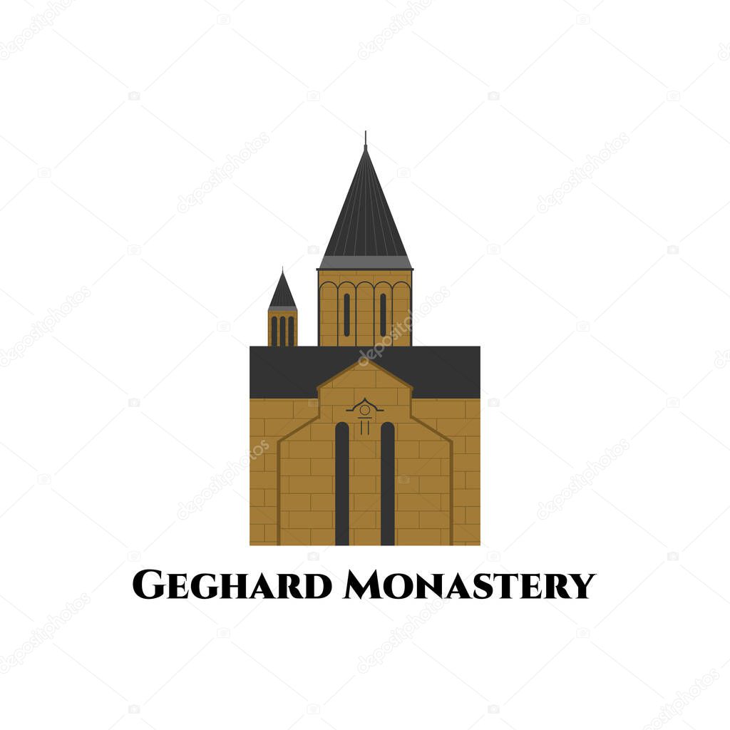 Geghard Monastery in Armenia. Medieval monastery in the Kotayk. Country design template. The are some beautiful views. Good for tourist vacation. Great travel destination. Vector illustration