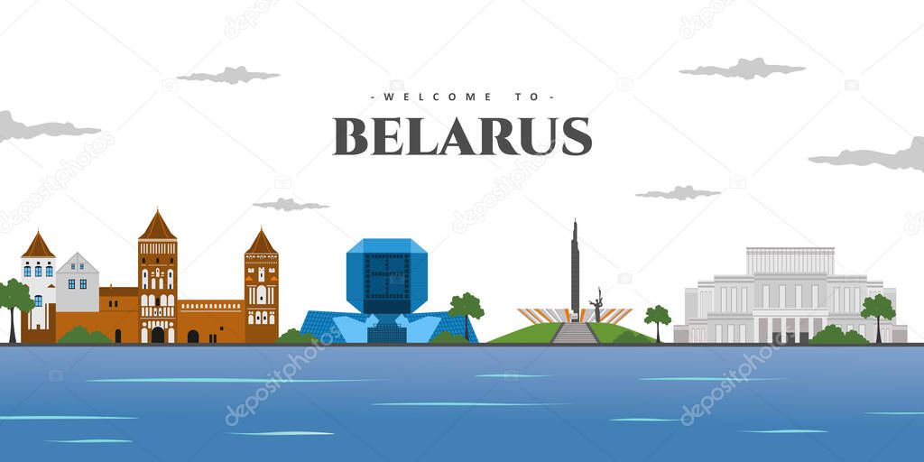 Beautiful city landscape of Belarus with world architectural landmark. Travel background. Background country buildings and place for tourist vacation. Colored vector design illustration.