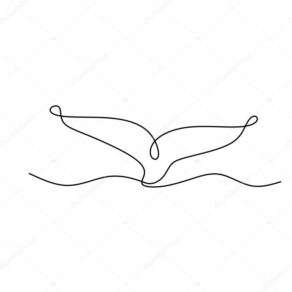 Whale's tail one line drawing isolated on white background. Big fish mammal animal in the sea on the wave. Wildlife concept. Hand drawn minimalism style. Vector sketch illustration