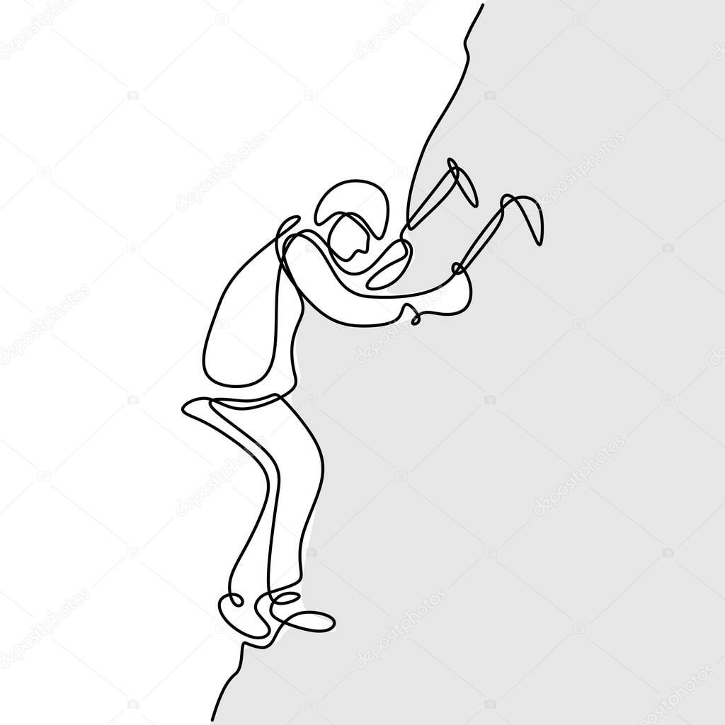 Continuous one line drawing of a male mountain climber going up snowy slope with axes against clouds isolated on white background. Extreme winter sport concept. Mountain climber. Minimalism design