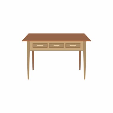 Çizgi film tarzında tahta masa. Beyaz arka planda izole edilmiş rahat bir daire ve iş yeri için moda koleksiyonlar. Vektör illüstrasyonu