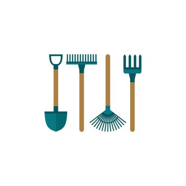 Kürek ikonu düz stil. Bahçe işleri, ekme aletleri. Çizgi film küçük çapası, hasat izni için tırmık, bahçe küreği, yaba. Ev aletleri çalışıyor. Vektör illüstrasyonu