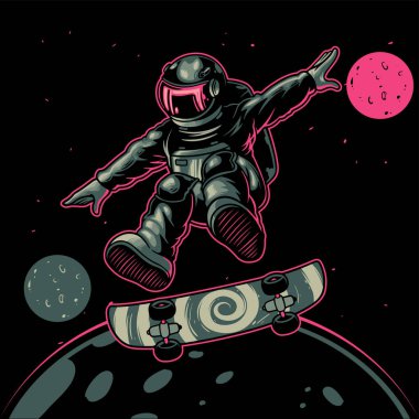 Astronot kaykay karikatür vektör çizimi çiziyor. Yıldız gezegenleri galaksileri arasındaki boşlukta kaykaylı bir spor kozmonotu. Poster, logo, çıkartma ya da giyim ürünleri için iyidir..