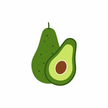 Taze avokado ve beyaz arka planda izole edilmiş yarım meyve. Organik yiyecekler. Çizgi film tarzı. sağlıklı yaşam tarzı konsepti. Vektör renkli meyve rengi düz tasarım çizimi.
